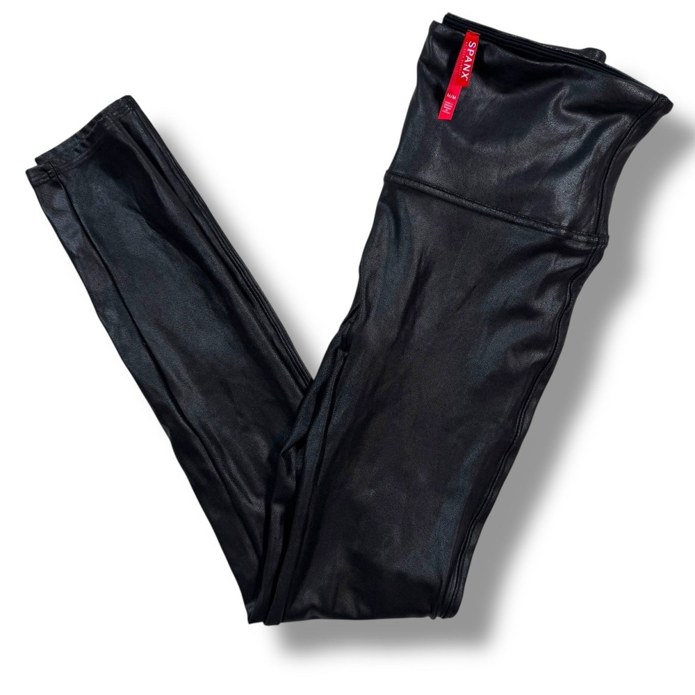 Spanx Women's Black Faux Leather Shimmer Pull On Leggings Size Medium
